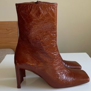 Miista Boots Ekaterina Autumn Brown Patent Leather Heeled Square Toe Size 40